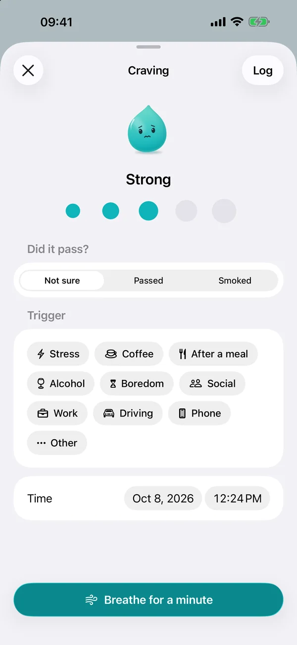 Logging a craving in Sooth: Soothie shows how strong it is, with buttons for whether it passed and triggers such as stress, coffee, after a meal, alcohol, boredom and work