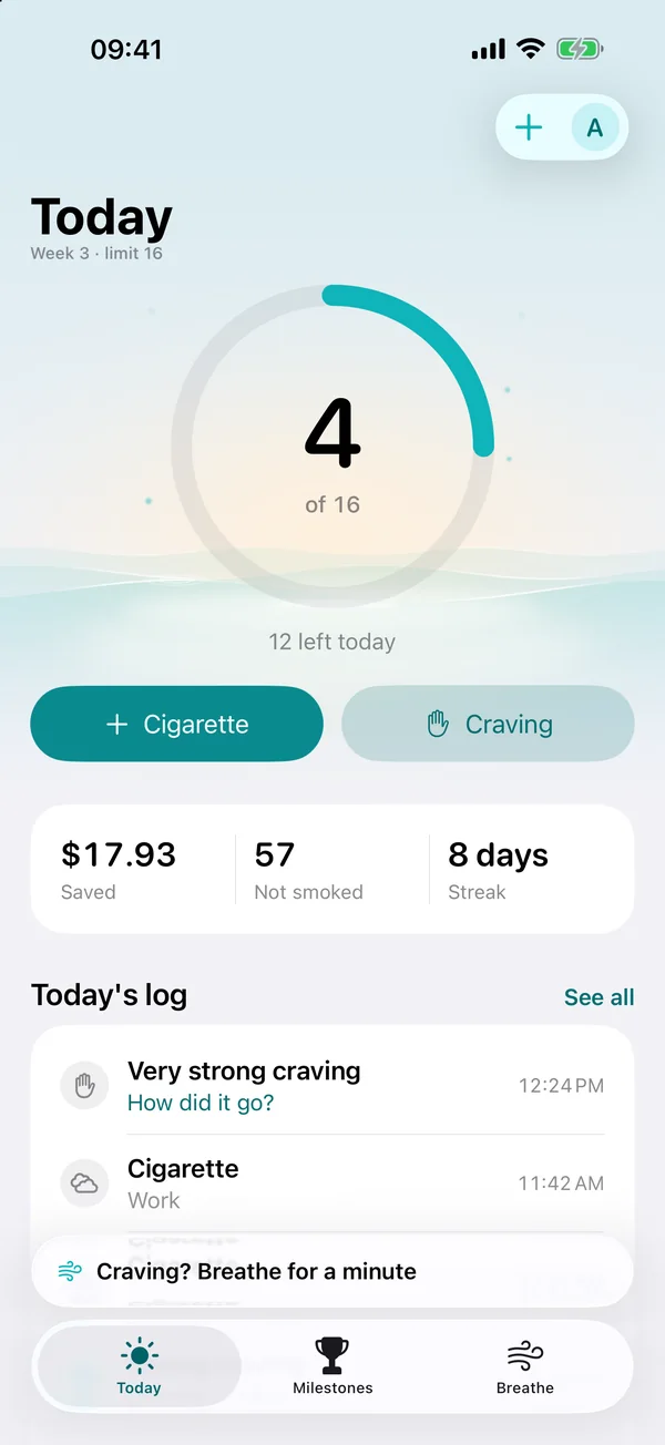 Sooth Today screen on a gradual plan: 4 of today's limit of 16 logged with 12 left, week 3, $17.93 saved and an 8-day streak