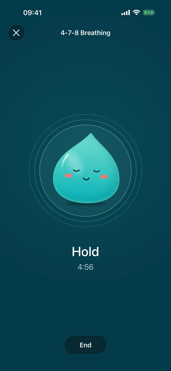 A 4-7-8 breathing session in Sooth: Soothie with closed eyes holding a breath on a deep teal background, with 4:56 left