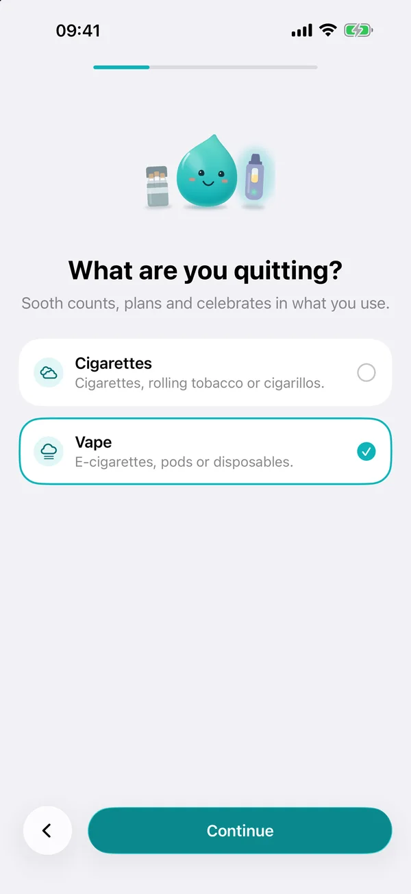 Setting up Sooth: What are you quitting? with Vape selected and Soothie holding a vape