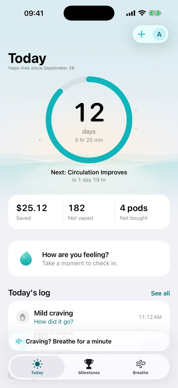 Sooth Today screen in vape mode: 12 days vape-free, $25.12 saved, 182 times not vaped and 4 pods not bought